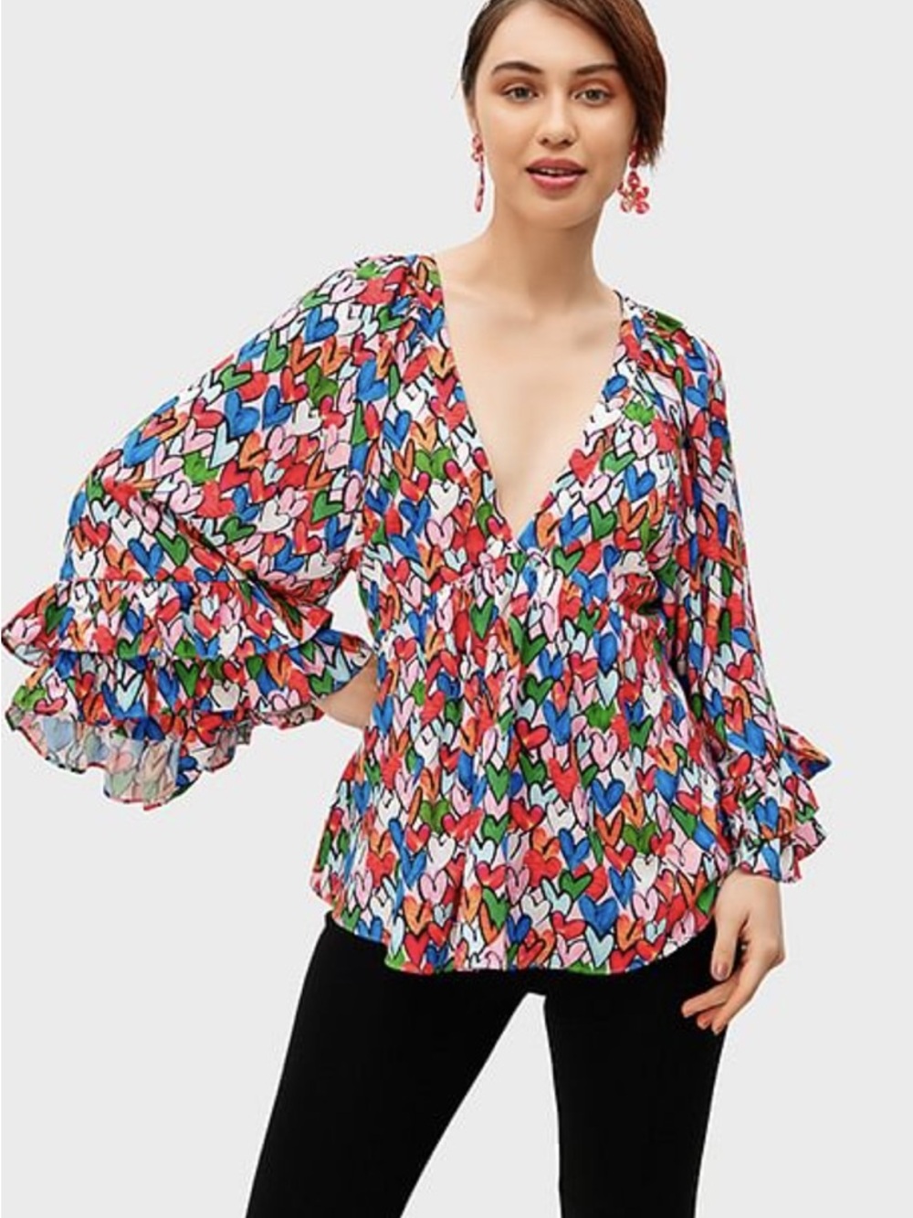 Wayward Fancies Eshakti Colorful Bright Heart Print Balloon Sleeve Tunic Top L